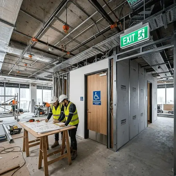 Commercial fitout interior showing fire sprinklers, emergency exit signs and BCA compliance elements in Sydney NSW