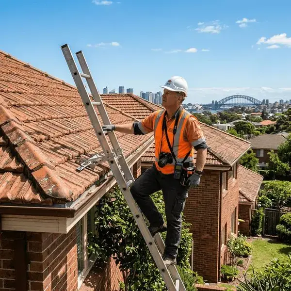 Building inspector in hard hat climbing ladder to inspect residential roof in Sydney NSW