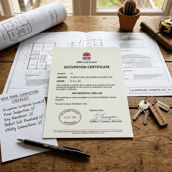 NSW Occupation Certificate document with official stamp on desk surrounded by architectural plans and keys