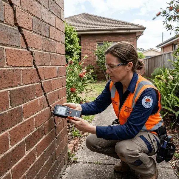 Licensed building inspector examining brick wall crack with moisture meter at a Sydney residential property