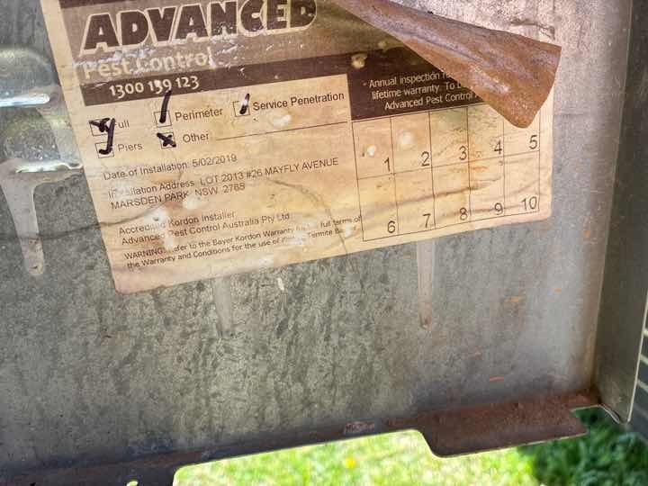 Durable notice located in meter box — request full treatment history from the vendor.